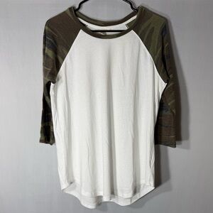 White Crow White Body Raglan Top with Olive Camo Sleeves